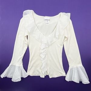 Off White Cotton Top with Ruffles Around Collar and Sleeves